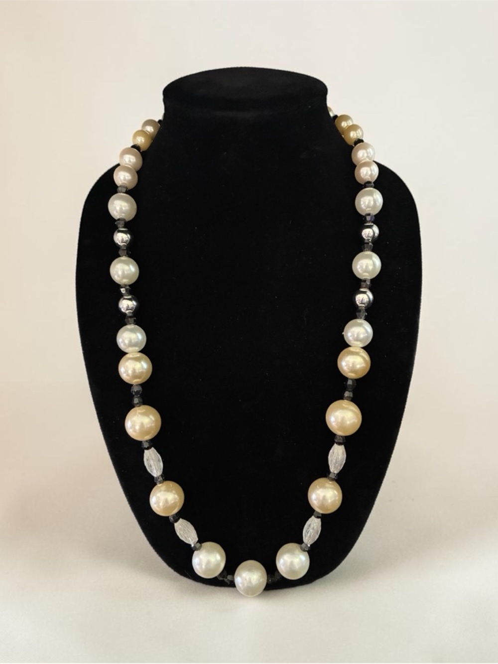 Long Faux Pearl & Crystal Beaded Necklace | Gold Ivory Tone Statement Strand